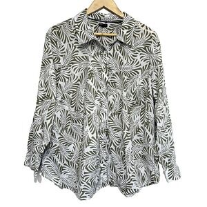 Talbots Plus Button Down Blouse Womens 3X Palm Print Lightweight Cotton Neutral